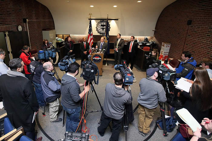 DA Murphy and NYSP Troop “G” Major Steve James with Assistant DA’s Jim Davis and Patrick Campion and NYSP BCI Senior Patricia Donovan announcing the indictment of Dennis Drue